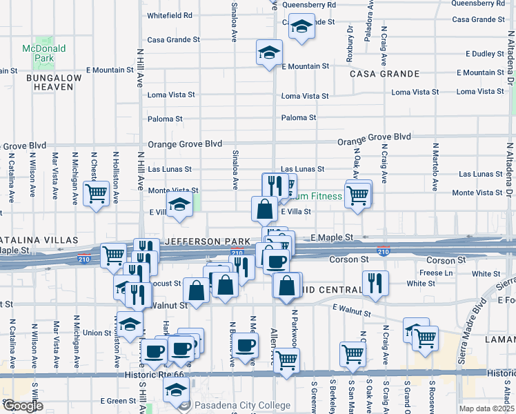 map of restaurants, bars, coffee shops, grocery stores, and more near 1740 Monte Vista Street in Pasadena