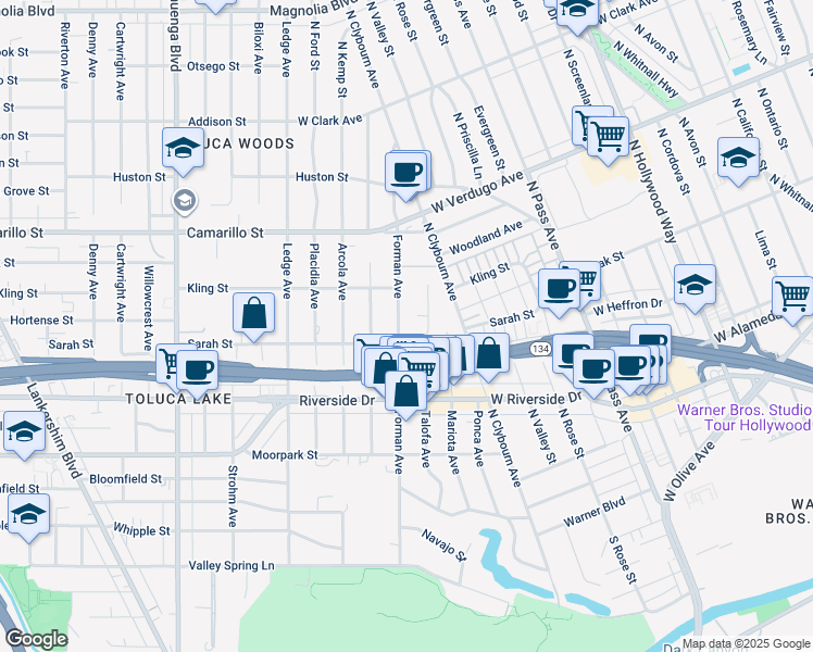 map of restaurants, bars, coffee shops, grocery stores, and more near 4620 Forman Avenue in Los Angeles
