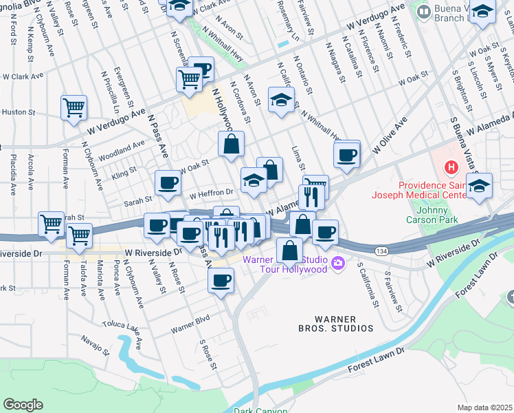 map of restaurants, bars, coffee shops, grocery stores, and more near 215 North Hollywood Way in Burbank