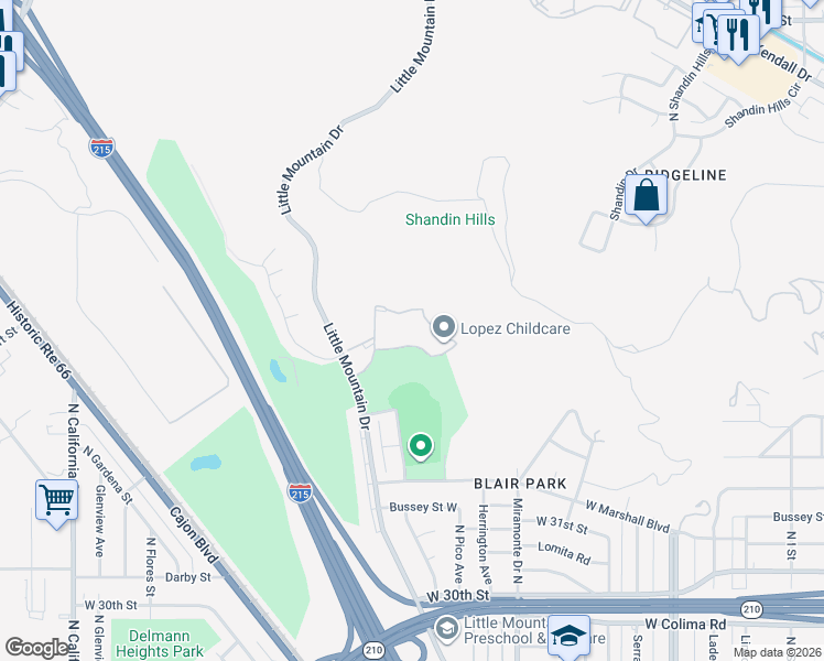 map of restaurants, bars, coffee shops, grocery stores, and more near 1440 West Edgehill Road in San Bernardino