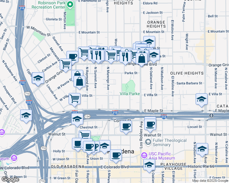 map of restaurants, bars, coffee shops, grocery stores, and more near 253 East Villa Street in Pasadena