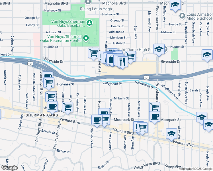 map of restaurants, bars, coffee shops, grocery stores, and more near 14056 Valleyheart Drive North in Los Angeles