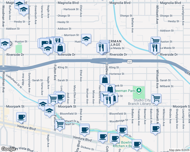 map of restaurants, bars, coffee shops, grocery stores, and more near 4620 Morse Avenue in Los Angeles
