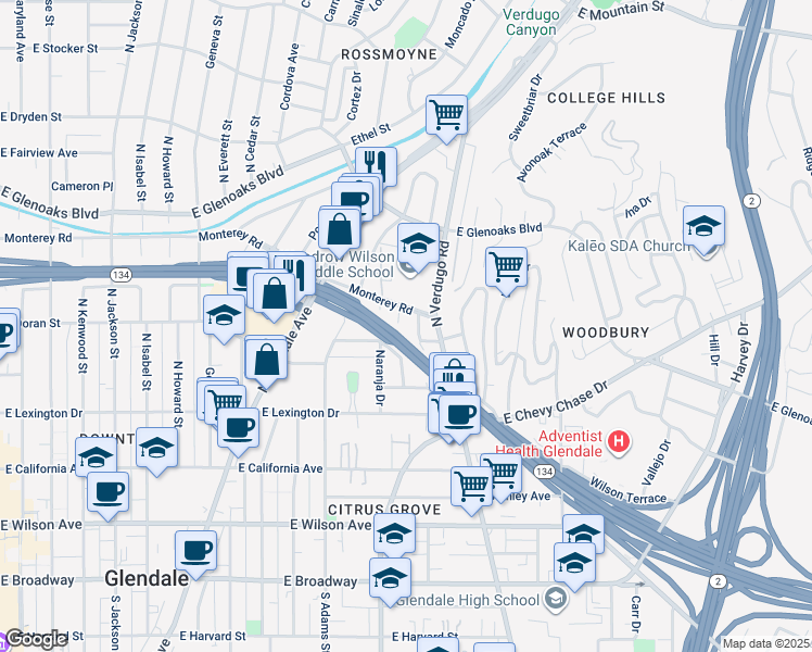 map of restaurants, bars, coffee shops, grocery stores, and more near 612 Galer Place in Glendale