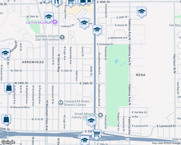 map of restaurants, bars, coffee shops, grocery stores, and more near 279 East 35th Street in San Bernardino