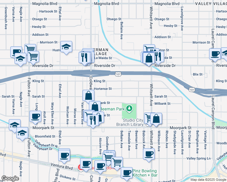 map of restaurants, bars, coffee shops, grocery stores, and more near 12732 Hortense Street in Los Angeles