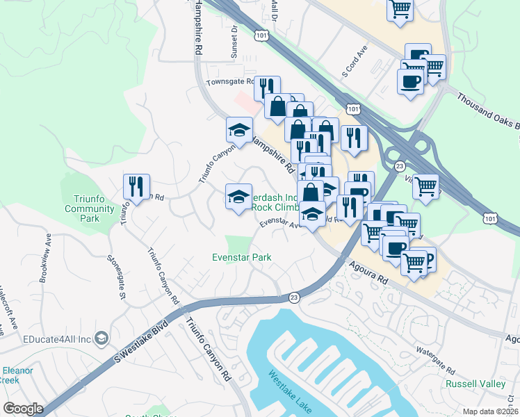 map of restaurants, bars, coffee shops, grocery stores, and more near 2351 Silver Spring Drive in Westlake Village
