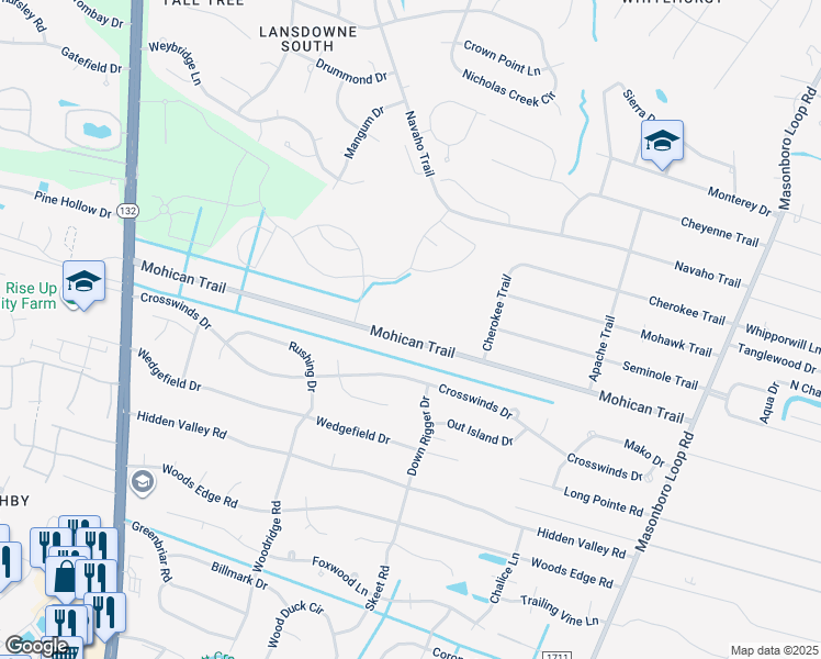 map of restaurants, bars, coffee shops, grocery stores, and more near 334 Mohican Trail in Wilmington