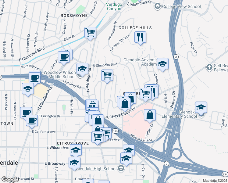 map of restaurants, bars, coffee shops, grocery stores, and more near 760 Luton Drive in Glendale