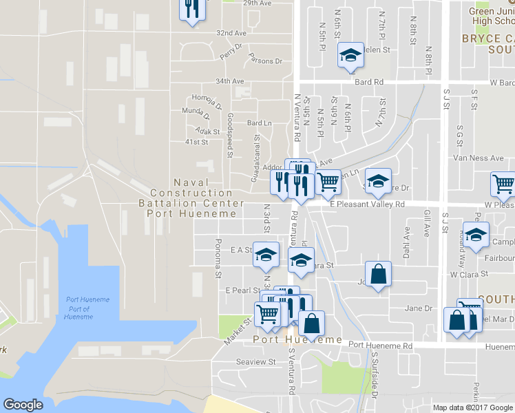map of restaurants, bars, coffee shops, grocery stores, and more near 230 East Pleasant Valley Road in Port Hueneme