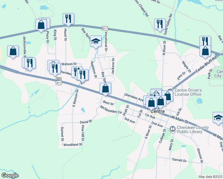map of restaurants, bars, coffee shops, grocery stores, and more near 102 Bay Springs Road in Centre