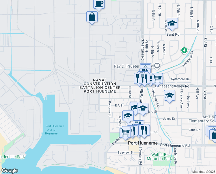 map of restaurants, bars, coffee shops, grocery stores, and more near 108 West Pleasant Valley Road in Port Hueneme