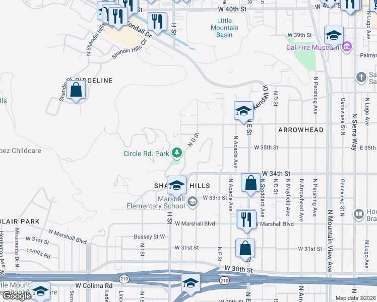 map of restaurants, bars, coffee shops, grocery stores, and more near 3505 North G Street in San Bernardino