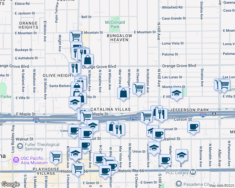 map of restaurants, bars, coffee shops, grocery stores, and more near 516 Mar Vista Avenue in Pasadena