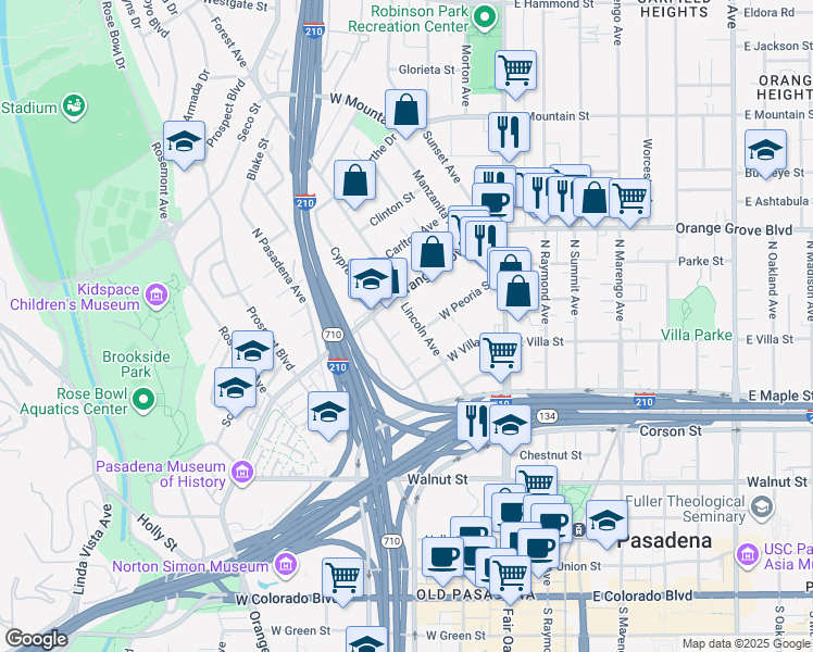 map of restaurants, bars, coffee shops, grocery stores, and more near 595 Lincoln Avenue in Pasadena