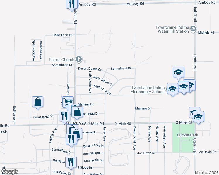 map of restaurants, bars, coffee shops, grocery stores, and more near White Sands Drive in Twentynine Palms