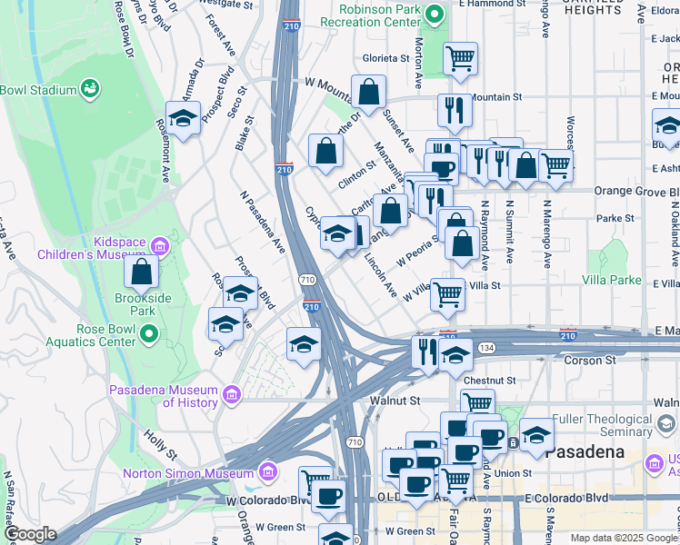 map of restaurants, bars, coffee shops, grocery stores, and more near 642 North Orange Grove Boulevard in Pasadena