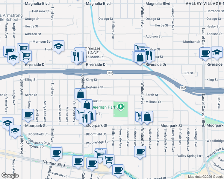 map of restaurants, bars, coffee shops, grocery stores, and more near 12700 Hortense Street in Los Angeles