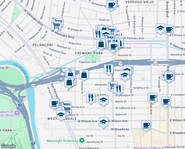 map of restaurants, bars, coffee shops, grocery stores, and more near 615 Pioneer Drive in Glendale