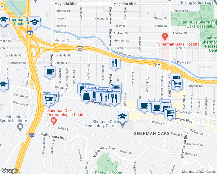 map of restaurants, bars, coffee shops, grocery stores, and more near 4619 Kester Avenue in Los Angeles
