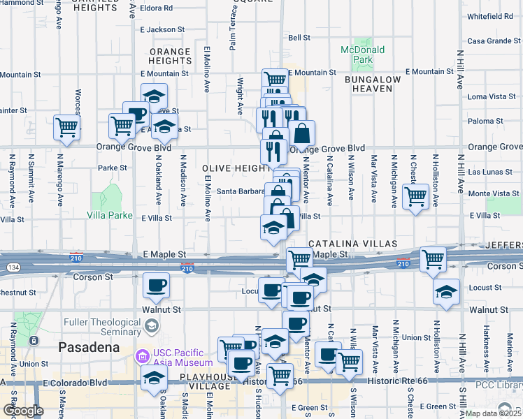 map of restaurants, bars, coffee shops, grocery stores, and more near 815 East Villa Street in Pasadena