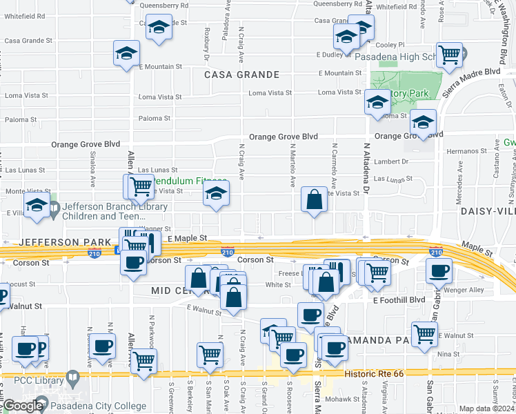map of restaurants, bars, coffee shops, grocery stores, and more near 2187 East Villa Street in Pasadena
