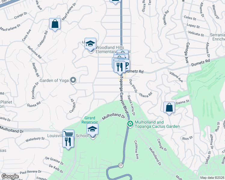 map of restaurants, bars, coffee shops, grocery stores, and more near 22037 Ybarra Road in Los Angeles