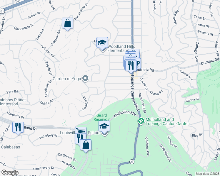 map of restaurants, bars, coffee shops, grocery stores, and more near 22137 Ybarra Road in Los Angeles
