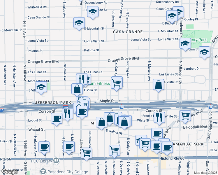 map of restaurants, bars, coffee shops, grocery stores, and more near in Pasadena