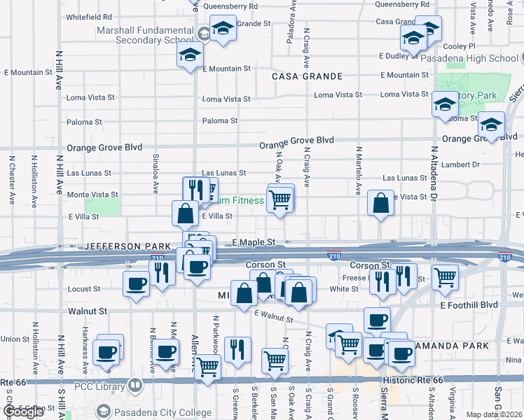 map of restaurants, bars, coffee shops, grocery stores, and more near 2028 Monte Vista Street in Pasadena