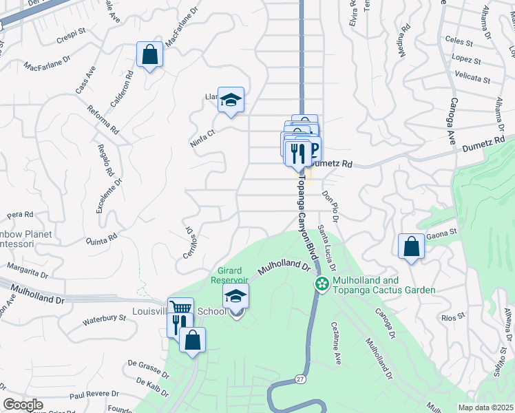 map of restaurants, bars, coffee shops, grocery stores, and more near 22123 Ybarra Road in Los Angeles