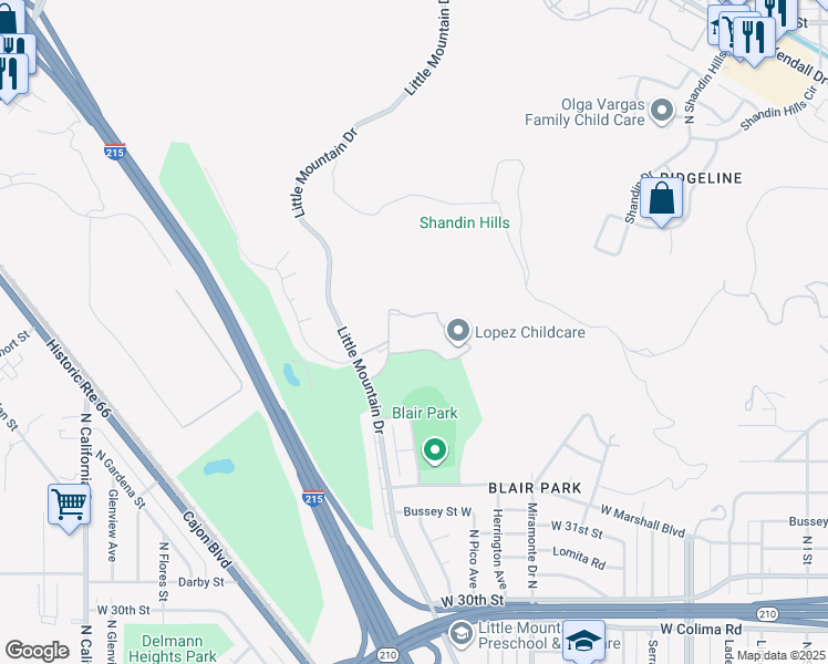 map of restaurants, bars, coffee shops, grocery stores, and more near 1440 West Edgehill Road in San Bernardino