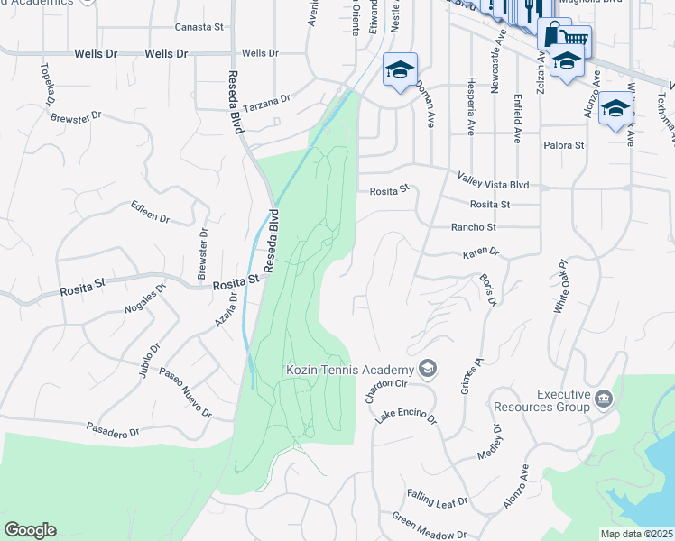 map of restaurants, bars, coffee shops, grocery stores, and more near 18323 Rancho Street in Los Angeles