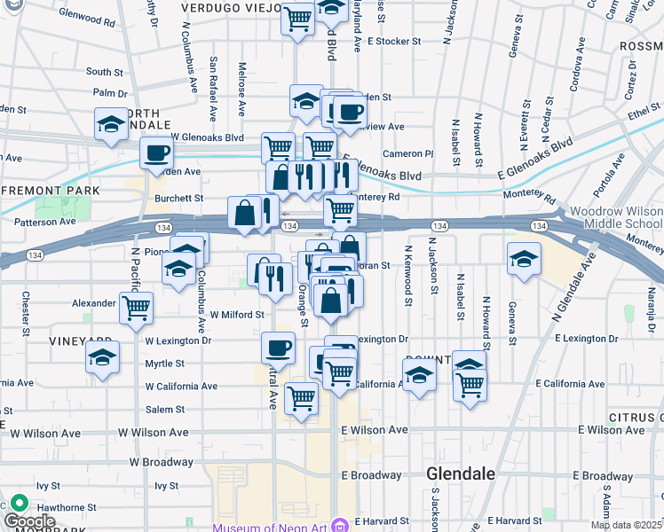 map of restaurants, bars, coffee shops, grocery stores, and more near 2 East Doran Street in Glendale