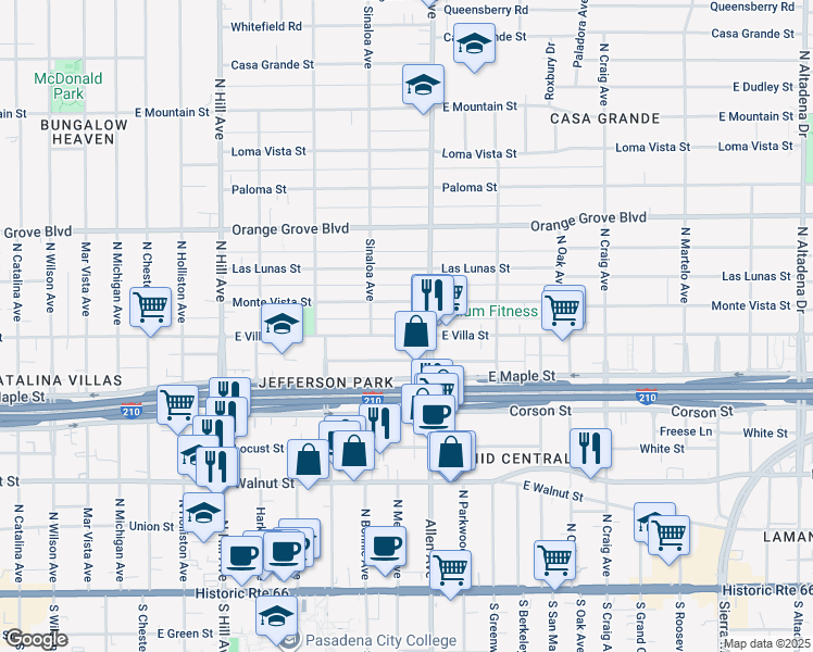 map of restaurants, bars, coffee shops, grocery stores, and more near 1757 East Villa Street in Pasadena