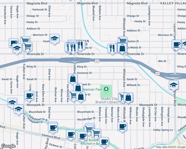 map of restaurants, bars, coffee shops, grocery stores, and more near 12732 Hortense Street in Los Angeles