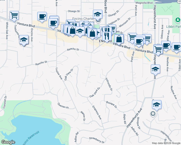 map of restaurants, bars, coffee shops, grocery stores, and more near 4616 Balboa Avenue in Los Angeles