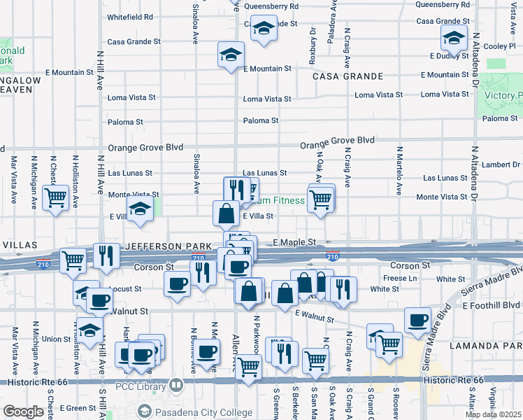 map of restaurants, bars, coffee shops, grocery stores, and more near 1887 Baldwin Alley in Pasadena