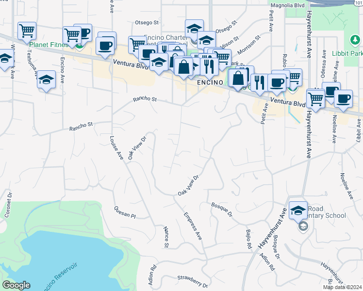 map of restaurants, bars, coffee shops, grocery stores, and more near 4616 Balboa Avenue in Los Angeles