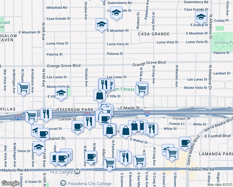 map of restaurants, bars, coffee shops, grocery stores, and more near 1887 Baldwin Alley in Pasadena