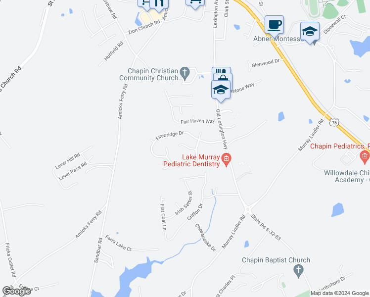 map of restaurants, bars, coffee shops, grocery stores, and more near 15 Garrington Court in Chapin