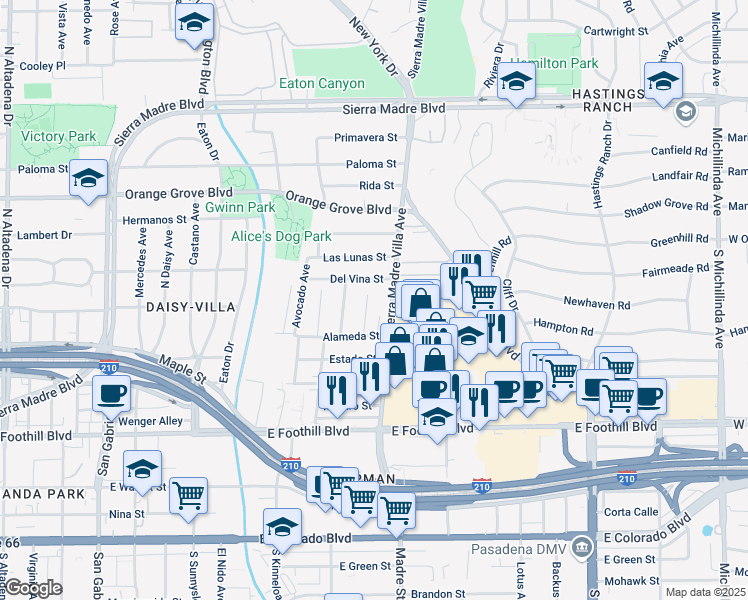 map of restaurants, bars, coffee shops, grocery stores, and more near 504 Mercury Lane in Pasadena