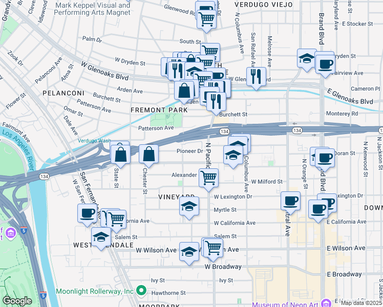 map of restaurants, bars, coffee shops, grocery stores, and more near 530 Pioneer Drive in Glendale