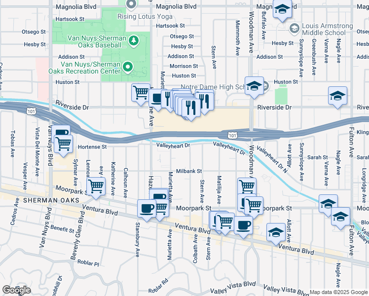 map of restaurants, bars, coffee shops, grocery stores, and more near 13944 Valleyheart Drive North in Los Angeles