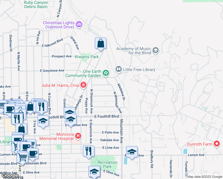 map of restaurants, bars, coffee shops, grocery stores, and more near 746 Mountain View Avenue in Monrovia