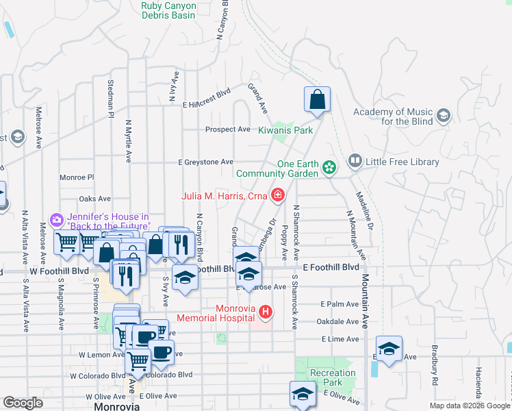 map of restaurants, bars, coffee shops, grocery stores, and more near 237 Valle Vista Avenue in Monrovia