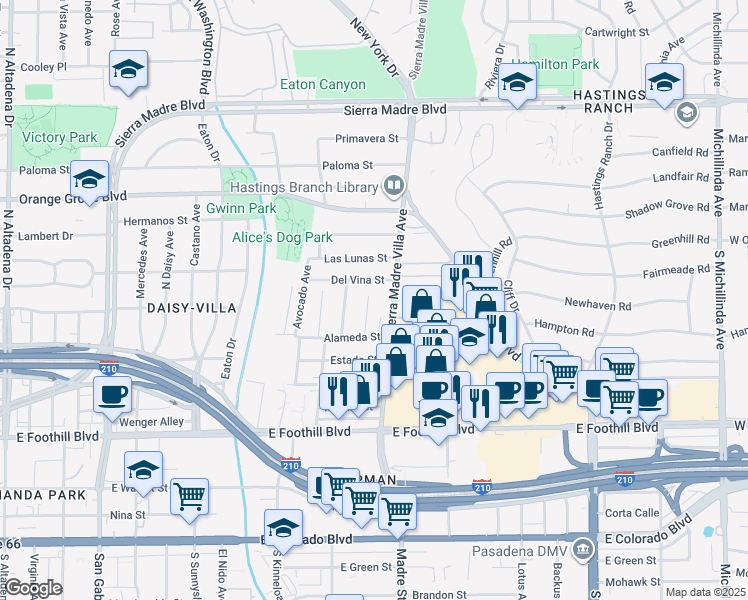map of restaurants, bars, coffee shops, grocery stores, and more near 504 Mercury Lane in Pasadena