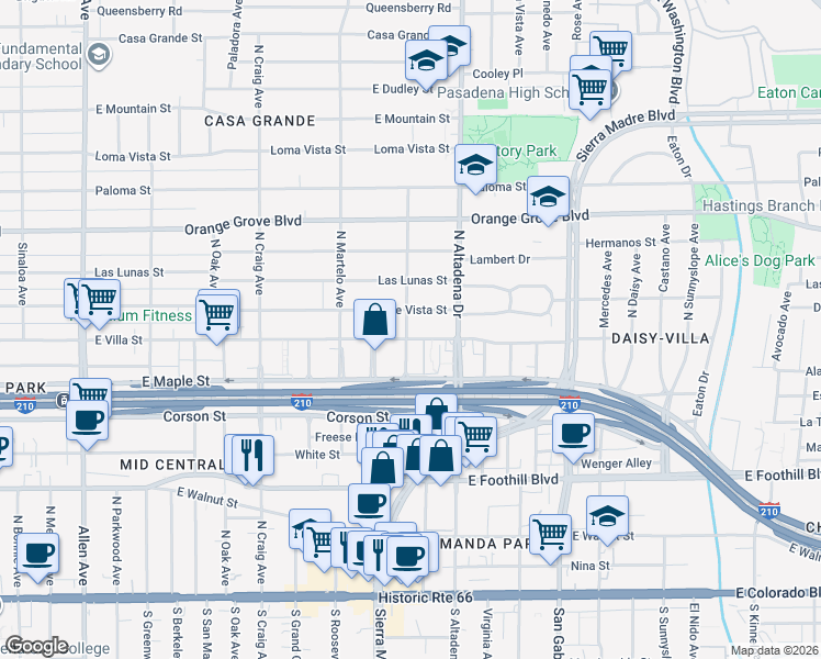 map of restaurants, bars, coffee shops, grocery stores, and more near 2406 Monte Vista Street in Pasadena