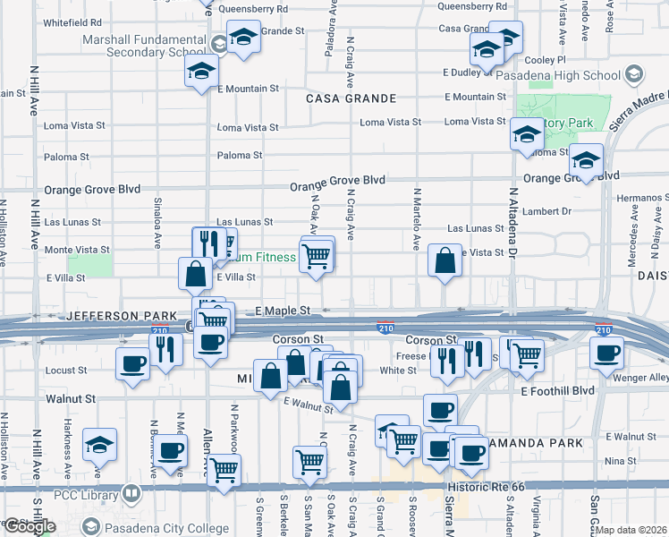 map of restaurants, bars, coffee shops, grocery stores, and more near 2106 Monte Vista Street in Pasadena