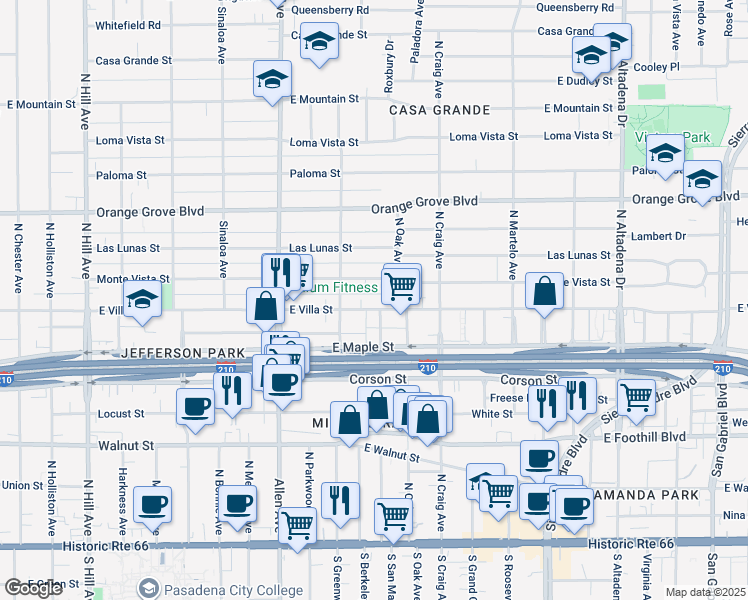 map of restaurants, bars, coffee shops, grocery stores, and more near 2028 Monte Vista Street in Pasadena